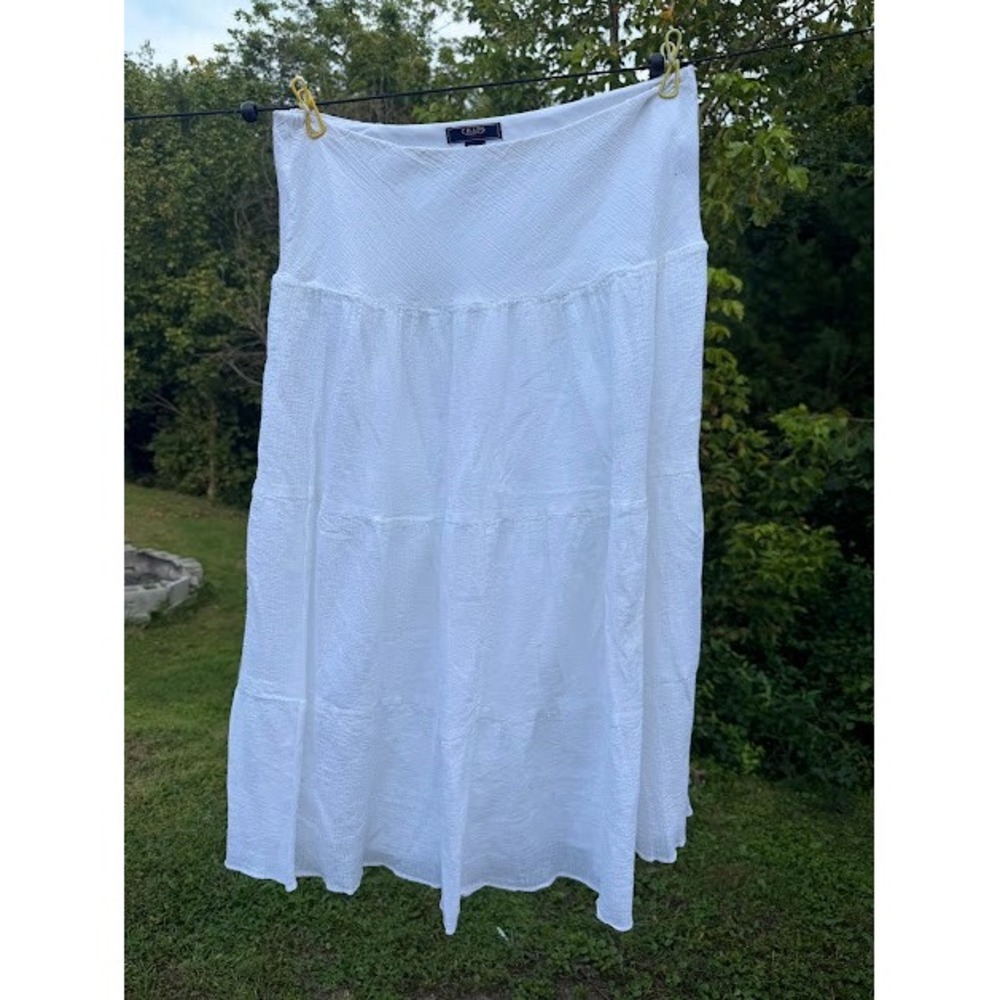 Cottagecore Coastal Chaps Tiered Midi Skirt M White Crinkle Cotton Boho Peasant